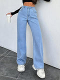 Kotty Womens Straight Button Solid Baggy Jeans(Blue,L)_Kttladiesjeans2887L