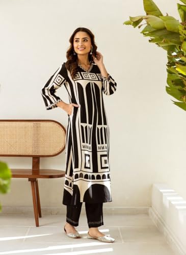 Anni Designer Women'S Cotton Blend Straight Printed Kurta With Pant (Mehal Black_S_Black_Small),Black,S,Cotton Blend,Regular,