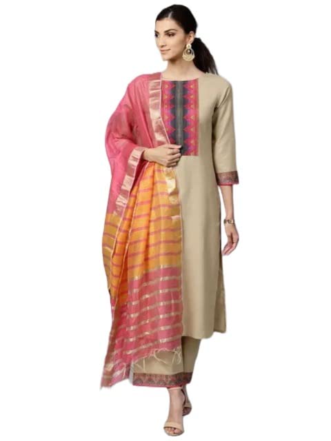 Anni Designer Women'S Cotton Straight Solid Kurta With Pant & Dupatta (My Hit-Beige-Jan10_M_Beige_Medium),Beige,M