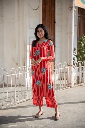 Anni Designer Women'S Rayon Viscose Floral Straight Kurta With Pant (Gadugi Red Xx-Large),Red,2XL,Rayon Blend,Classic,