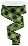 Diagonal Plaid Check Wired Edge Ribbon - 10 Yards (Lime Green, Black, 1.5)