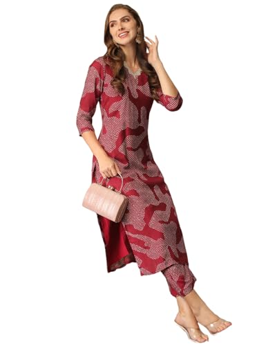Gosriki Women'S Cotton Blend Straight Printed Kurta With Pant (Neam Maroon-Nw-Gs_S_Maroon_Small),Maroon,,B0D3BYS3S9