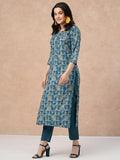 Anni Designer Women'S Cotton Blend Straight Printed Kurta With Pant (Mamaji Blue_L_Blue_Large),Blue,L,Cotton Blend,Straight,Kurta, Scarf