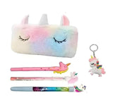 Eclet 5 Pcs Cartoon Theme Return Gift Set with Unicorn Fur Pouch Pen Pencil Keyring Kids School Stationery Gift Combo Pack Multi