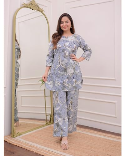 Anni Designer Women'S Cotton Blend Printed Ethnic Co-Ord Set (Yojata Grey_M_Grey_Medium),Grey,M,Cotton Blend,Regular,Kurta
