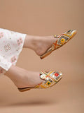 Shoetopia Women'S Multicolor Embroidered Traditional Slip-On Mules Ethnic Jutti Style Flats With Mirror Work Gold Base,Gold,3,B0DJJYKXG6