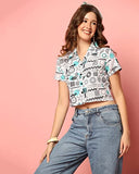 Toplot V-Collar Printed Crop Shirt For Women With Short Sleeves (Crop-Shirt-5059-Round-S),White,,B0C4XTNY8P
