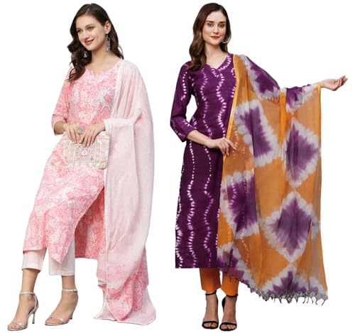 Anni Designer Women'S Cotton Blend Printed Straight Kurta With Pant Pack Of 2 (Combo-Prem Mukhi Pink_Multicolor_Xx-Large),Multicolour,2XL