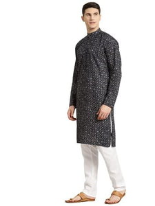 Sojanya (Since 1958 Men'S Cotton Black & Grey Print Kurta & White Churidar Pyjama Set Black & Grey 2Xl