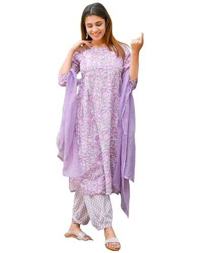 Anni Designer Women'S Rayon Blend Straight Printed Kurta With Pant & Dupatta (Welco-Purple_M_Purple_Medium),Purple,M
