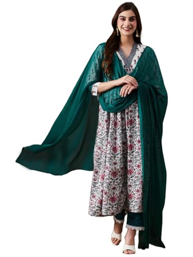 Anni Designer Women'S Cotton Blend Anarkali Printed Kurta With Pant & Dupatta (Toki White_Xl_White_X-Large),White,XL