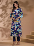 Anni Designer Women'S Rayon Blend Straight Printed Kurta With Pant (Jonaki Navy Blue_L_Navy Blue_Large),Navy Blue,L,Rayon Blend,Regular,Kurta