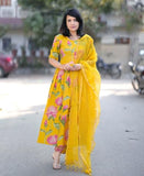 Anni Designer Women'S Rayon Viscose Printed Anarkali Kurta With Pant & Dupatta (Rubina Yellow_Xl_Yellow_X-Large),Yellow,XL,Rayon,Anarkali,