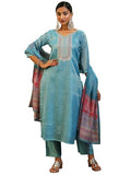 Libas Womens Yoke Design Silk Blend Straight Kurta With Trousers And Dupatta