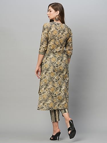 Anni Designer Women'S Cotton Blend Straight Printed Kurta With Pant Set (Prachi Mustard_L_Mustard_Large),Mustard,L,Cotton Blend,Regular,