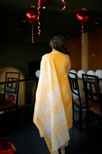 Anni Designer Women'S Rayon Viscose Straight Printed Kurta With Pant & Dupatta (Dabiman Yellow_M_Yellow_Medium),Yellow,M,Rayon,Casual,