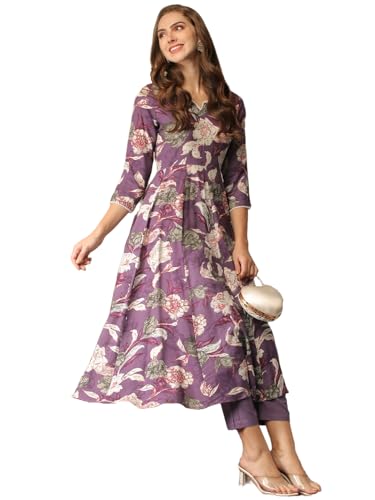 Anni Designer Women'S Cotton Blend Anarkali Printed Kurta With Pant (Damian Purple_5Xl_Wine_Xxxxx-Large),Purple,5XL