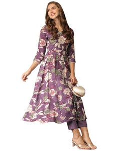 Anni Designer Women'S Cotton Blend Anarkali Printed Kurta With Pant (Damian Purple_Xl_Wine_X-Large),Purple,XL
