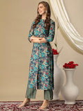 Anni Designer Women'S Cotton Blend Straight Printed Kurta With Pant (Bbcom Blue-Nj_M_Blue_Medium),Blue,M,Cotton Blend,Regular,