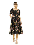 Oomph! Women'S Western & Fusion Wear Printed Crepe Dress For Women Puffed Sleeve Black - Md988,Jet BlackApparel,M