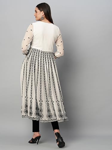 Anni Designer Women'S Cotton Blend Anarkali Chikankari Embroidered Kurti (Dori Kali White_M_White_Medium),White,M,Cotton Blend,Anarkali,