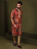 Kisah Men Red Kurta, Cotton, Full Sleaves, Knee Length, Straight, Regular Fit, Mandarin Collar Ethnic Wear, 42