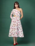 OOMPH! Women's Western & Fusion wear Printed Crepe Dress for Women One Shoulder White - md1061,Daisy White