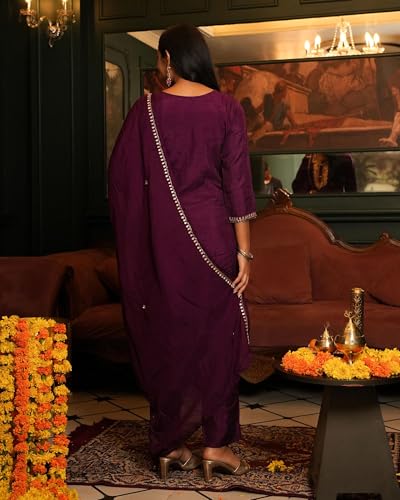 Anni Designer Women'S Rayon Blend Straight Embroidered Kurta With Pant & Dupatta (Arju Wine_S_Wine_Small),Wine,S,Rayon Blend,Regular,