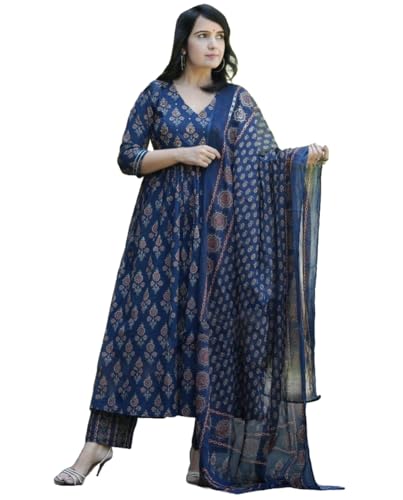 Anni Designer Women'S Rayon Blend Printed Anarkali Kurta With Pant & Dupatta (Ampm Blue_S_Blue_Small),Blue,S