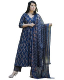 Anni Designer Women'S Rayon Blend Printed Anarkali Kurta With Pant & Dupatta (Ampm Blue_S_Blue_Small),Blue,S
