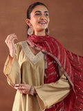 Libas Gerua Womens Embroidered Silk Blend Straight Kurta With Salwar And Dupatta Beige S