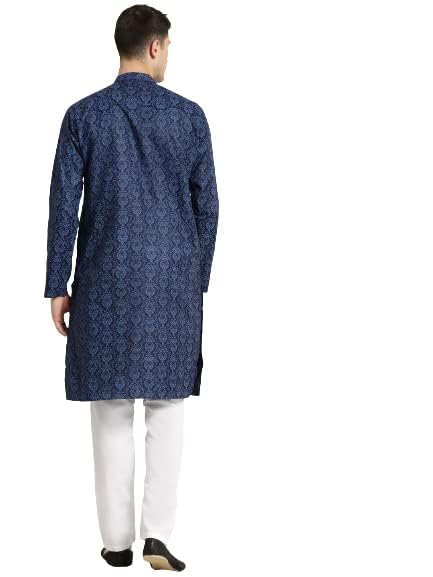 Sojanya (Since 1958 Men'S Cotton Blend Navy Blue & Black Printed Kurta & White Churidar Pyjama Set Navy Blue & Black Xl
