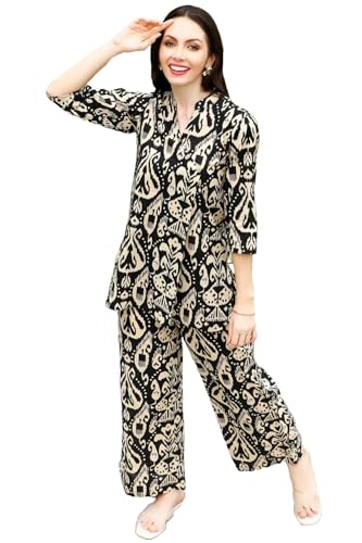 Anni Designer Women'S Cotton Blend Mid Thigh Printed Co-Ord Set (J111 Black Co-Ord_Xxl_Black_Xx-Large),Black,2XL
