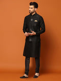 Kisah Mens Kurta Jacket Churidar Set, Silk Blend Jacquard Mandarin Collar Long Sleeves, Black Ethnic Wear Set For Men, 44