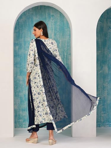 Anni Designer Women'S Cotton Blend Printed Straight Kurta With Pant & Dupatta (Gta Navy-Nw_Xxl_Navy Blue_Xx-Large),Navy Blue,2XL,Cotton Blend,Regular,