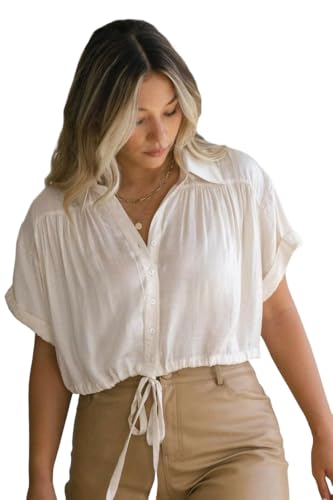 Anni Designer Women'S Short Sleeve Shirt Vintage V-Neck Cotton Blend Solid Regular Buttons Top (Lilo White_Xxl_White_Xx-Large),White,2XL
