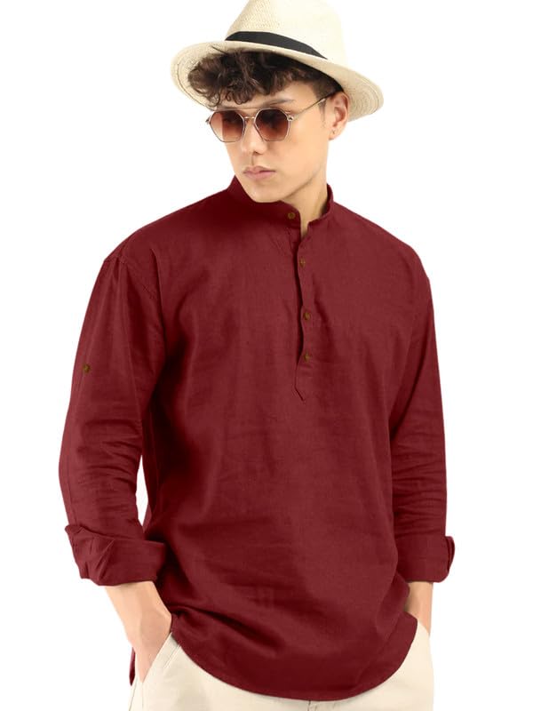 Royalscout Men'S Cotton Polyester Blend Solid Regular Fit Full Sleeve Short Kurta Maroon