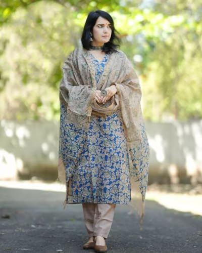 Anni Designer Women'S Cotton Blend Printed Straight Kurta With Pant & Dupatta (Moringa Blue-Jm_M_Blue_Medium),Blue,M,Cotton Blend,Regular,