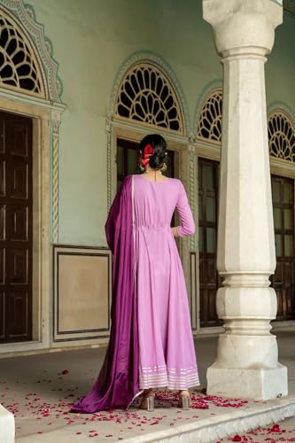 Anni Designer Women'S Rayon Blend Solid Anarkali Kurta With Pant & Dupatta (Kuspari Lavender_L_Purple_Large),Lavender,L,Rayon Blend,Anarkali,
