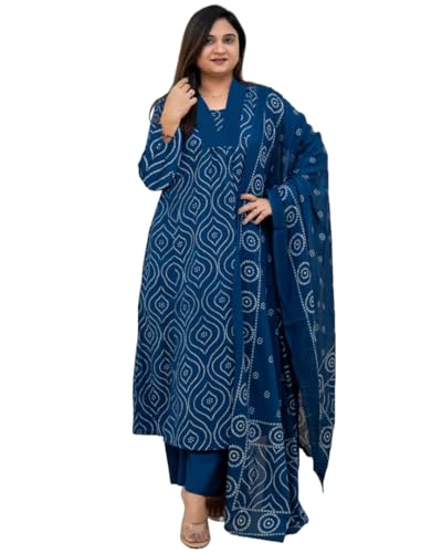 Anni Designer Women'S Rayon Viscose Anarkali Printed Kurta With Pant & Dupatta (Vangala Blue_Xl_Blue_X-Large),Blue,XL