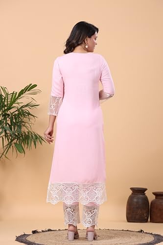Anni Designer Women'S Cotton Blend Straight Solid Kurta With Pant (Takada Pink_M_Pink_Medium),Pink,M,Cotton Blend,Regular,Kurta With Pant