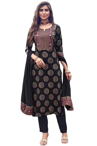 Anni Designer Women'S Cotton Blend Printed Straight Kurta With Pant & Dupatta (Nov-Black-Nrb_M_Black_Medium),Black,M