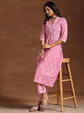 Libas Womens Printed Cotton A-Line Kurta With Trousers Pink As Shown