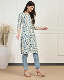Toplot Women'S Printed Straight Kurta With Pant |Kurta Pant Set For Women (Kurta-Pant-2-Set-5199-Round-Xl) Turquoise,Turquoise,,B0DCSFHQTV