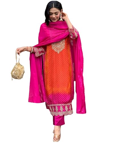 Anni Designer Women'S Rayon Blend Straight Embroidered Kurta With Pant & Dupatta (Lasivan Pink_Xl_Pink_X-Large),Pink,XL