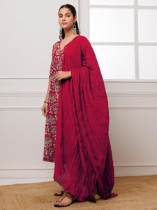 Anni Designer Women'S Cotton Blend Anarkali Printed Kurta With Pant & Dupatta (Dabu Red_L_Red_Large),Red,L,Cotton Blend,Regular,