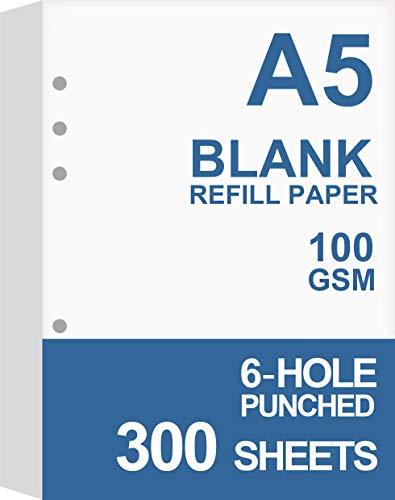 (3-Pack) A5 Blank Paper, Refills for Filofax Planner, Organizer, Binders, 6 Hole Punched, Total 300 Sheets600 Pages, 100gsm, Whi