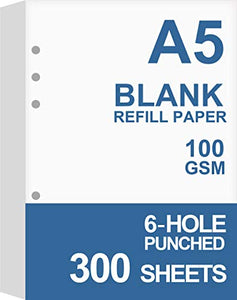 (3-Pack) A5 Blank Paper, Refills for Filofax Planner, Organizer, Binders, 6 Hole Punched, Total 300 Sheets600 Pages, 100gsm, Whi