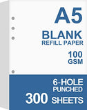 (3-Pack) A5 Blank Paper, Refills for Filofax Planner, Organizer, Binders, 6 Hole Punched, Total 300 Sheets600 Pages, 100gsm, Whi