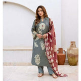 Anni Designer Women'S Rayon Viscose Printed Straight Kurta With Pant & Dupatta (Panuja Grey-Vks01_Xxl_Grey_Xx-Large),Grey,2XL,,,